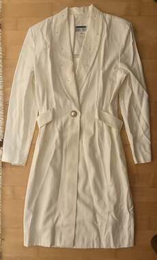 VTG Dani Maxi White V Neck Pearl Button Coat Studded Embroidered 12